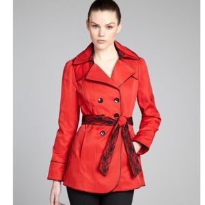 Betsey Johnson red trench coat with black lace